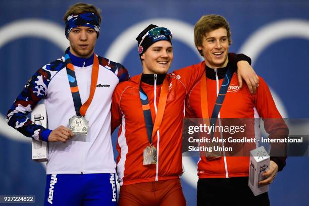 Victor Lobas of Russia, Kristian Ulekleiv of Norway and Runar Njatun Kroyer of Norway stand on the podium after the men's neo senior 1500 meter final...