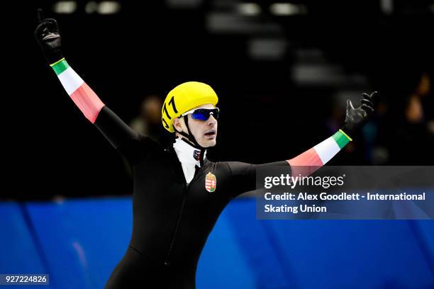 Botond Bejczi of Hungary celebrates after winning the men's mass start final during day 3 of the ISU Junior World Cup Speed Skating event at Utah...