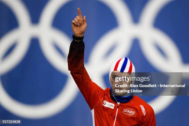 Allan Dahl Johansson of Norway stands on the podium after the men's 1500 meter final during day 3 of the ISU Junior World Cup Speed Skating event at...