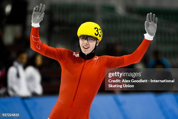 Vetle Stangeland of Norway celebrates after winning the men's neo senior mass start final during day 3 of the ISU Junior World Cup Speed Skating...