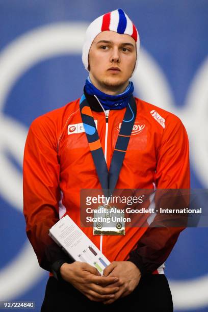 Allan Dahl Johansson of Norway stands on the podium after the men's 1500 meter final during day 3 of the ISU Junior World Cup Speed Skating event at...