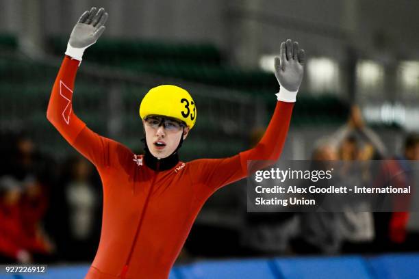 Vetle Stangeland of Norway celebrates after winning the men's neo senior mass start final during day 3 of the ISU Junior World Cup Speed Skating...