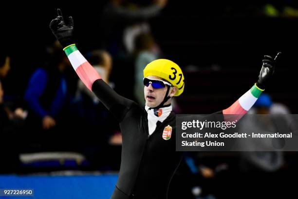 Botond Bejczi of Hungary celebrates after winning the men's mass start final during day 3 of the ISU Junior World Cup Speed Skating event at Utah...