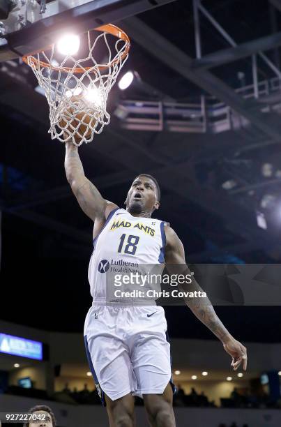 DeQuan Jones of the Fort Wayne Mad Ants dunks the ball against the Austin Spurs during the NBA G-League on March 4, 2018 at the H-E-B Center At Cedar...