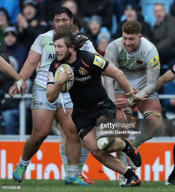 Alec Hepburn of Exeter Chiefs breaks with the ball during the Aviva Premiership match between Exeter Chiefs and Saracens at Sandy Park on March 4,...