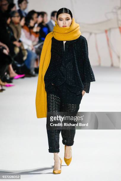 Model walks the runway during the Akris show as part of the Paris Fashion Week Womenswear Fall/Winter 2018/2019 on March 4, 2018 in Paris, France.