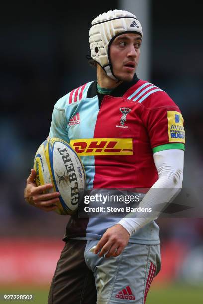 Demetri Catrakilis of Harlequins during the Aviva Premiership match between Harlequins and Bath Rugby at Twickenham Stoop on March 4, 2018 in London,...