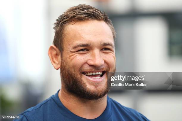 Jared Waerea-Hargreaves speaks to the media during a Sydney Roosters NRL media session outside the Sydney Roosters Media Room on March 5, 2018 in...