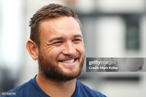 Jared Waerea-Hargreaves speaks to the media during a Sydney Roosters NRL media session outside the Sydney Roosters Media Room on March 5, 2018 in...