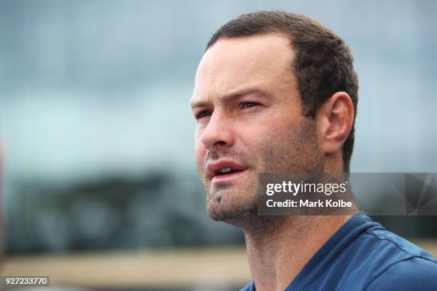 Boyd Cordner speaks to the media during a Sydney Roosters NRL media session outside the Sydney Roosters Media Room on March 5, 2018 in Sydney,...