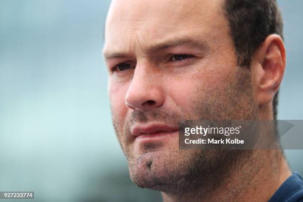 Boyd Cordner speaks to the media during a Sydney Roosters NRL media session outside the Sydney Roosters Media Room on March 5, 2018 in Sydney,...