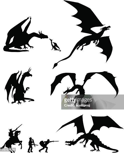 ilustrações, clipart, desenhos animados e ícones de silhuetas de dragão - dragão