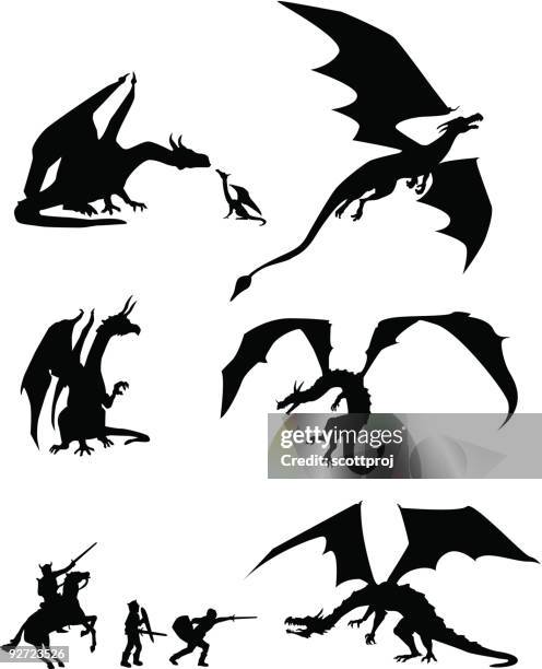 dragon silhouettes - flying dragon stock illustrations