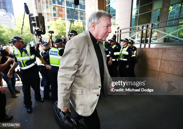 Cardinal George Pell arrives at Melbourne Magistrates' Court on March 5, 2018 in Melbourne, Australia. Cardinal Pell was charged on summons by...