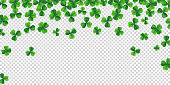 Patrick day background with vector four-leaf clover pattern background. Lucky four leaf clover green background for Irish beer festival St Patrick's day. Vector green grass clover pattern background