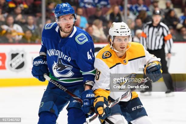 Sven Baertschi of the Vancouver Canucks battles for position with Ryan Hartman of the Nashville Predators during their NHL game at Rogers Arena on...