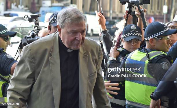 Cardinal George Pell arrives at the Victorian Magistrates Court for an expected month-long committal hearing relating to historical sexual offence...