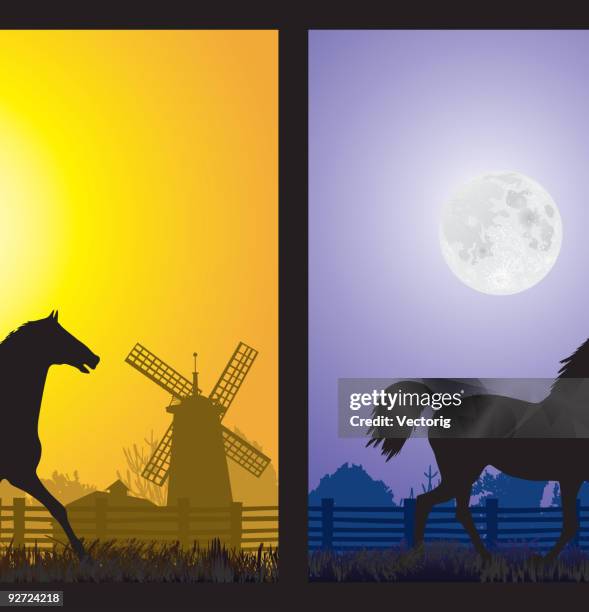 horsefarm - wind farm sunset stock illustrations