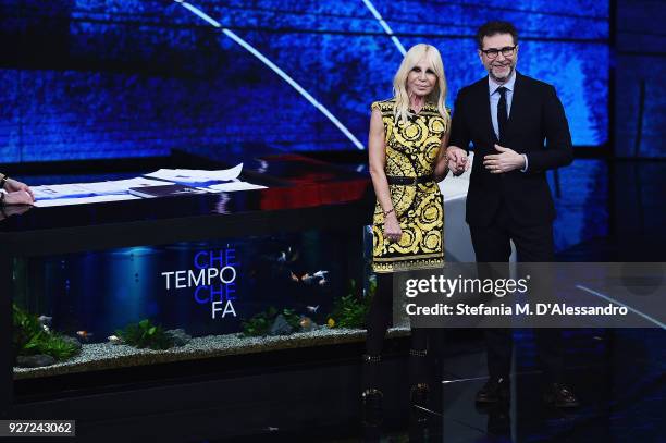 Donatella Versace and Fabio Fazio attend 'Che Tempo Che Fa' tv show at Rai Milan Studios on March 4, 2018 in Milan, Italy.