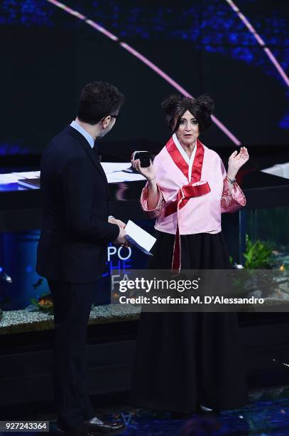 Fabio Fazio and Luciana Littizzetto attend 'Che Tempo Che Fa' tv show at Rai Milan Studios on March 4, 2018 in Milan, Italy.