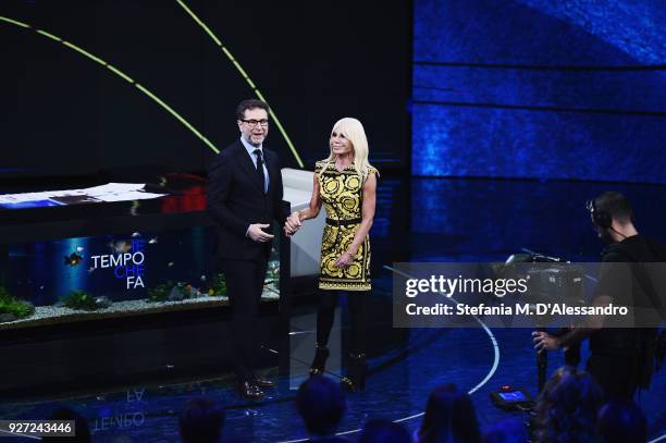 Fabio Fazio and Donatella Versace attend 'Che Tempo Che Fa' tv show at Rai Milan Studios on March 4, 2018 in Milan, Italy.