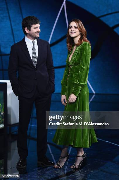 Fabio De Luigi and Miriam Leone attend 'Che Tempo Che Fa' tv show at Rai Milan Studios on March 4, 2018 in Milan, Italy.