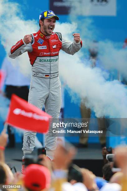 Daniel Abt of Germany and Audi Sport Abt Schaeffler celebrates whit his trophy after winning the Mexico E-Prix as part of the Formula E Championship...