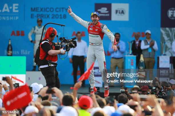 Daniel Abt of Germany and Audi Sport Abt Schaeffler celebrates after winning the Mexico E-Prix as part of the Formula E Championship at Autodromo...