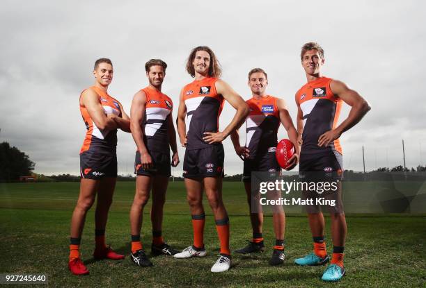 Josh Kelly, Callan Ward, Phil Davis, Stephen Coniglio and Matt de Boer of the Giants pose during the GWS Giants Leadership Announcement & Training...