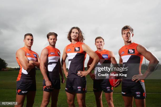 Josh Kelly, Callan Ward, Phil Davis, Stephen Coniglio and Matt de Boer of the Giants pose during the GWS Giants Leadership Announcement & Training...