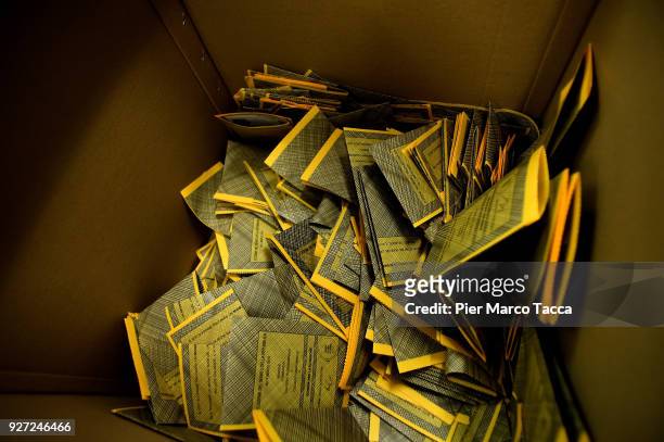 Ballot papers are displayed in a polling station during the 2018 general election on March 4, 2018 in Milan, Italy. The economy and immigration are...