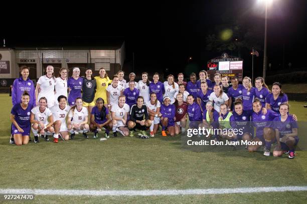 General view of both the Florida State Seminoles and the Orlando Pride teams after their pre-season match at the Seminole Soccer Complex on the...