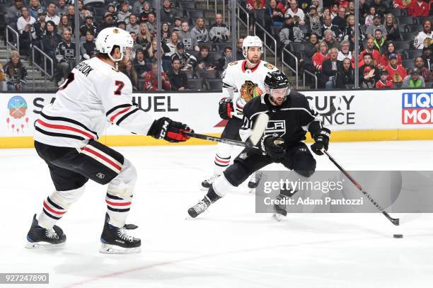Torrey Mitchell of the Los Angeles Kings handles the puck during a game against the Chicago Blackhawks at STAPLES Center on March 3, 2018 in Los...