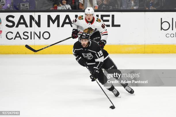 Alex Iafallo of the Los Angeles Kings handles the puck during a game against the Chicago Blackhawks at STAPLES Center on March 3, 2018 in Los...