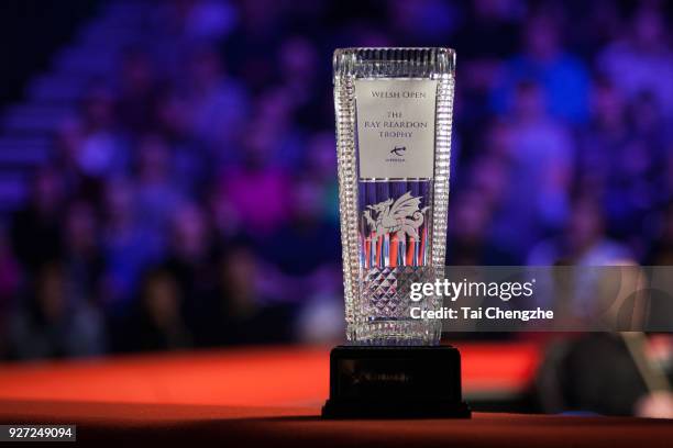 The trophy is pictured during the final match between Barry Hawkins of England and John Higgins of Scotland on day seven of 2018 ManBetX Welsh Open...