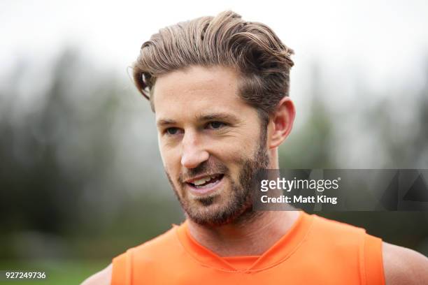 Callan Ward of the Giants speaks to the media during the GWS Giants Leadership Announcement & Training Session at the WestConnex Centre on March 5,...