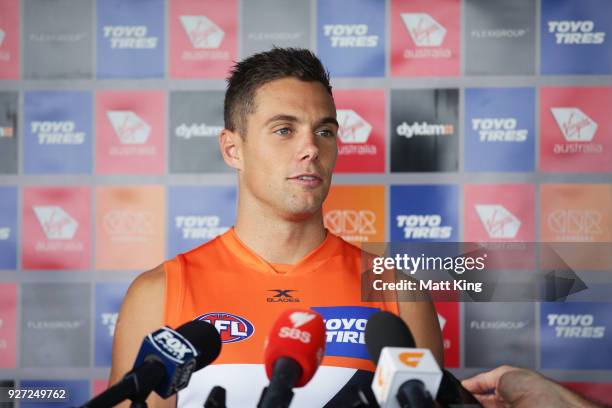 Josh Kelly of the Giants speaks to the media during the GWS Giants Leadership Announcement & Training Session at the WestConnex Centre on March 5,...