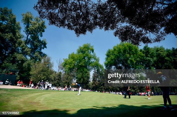 Indian golfer Shubhankar Sharma , plays his shot at green three, during the fourth and last round of the World Golf Championship in Mexico City, on...