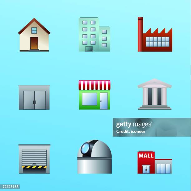 illustrazioni stock, clip art, cartoni animati e icone di tendenza di set di icone di edifici - centro amministrativo