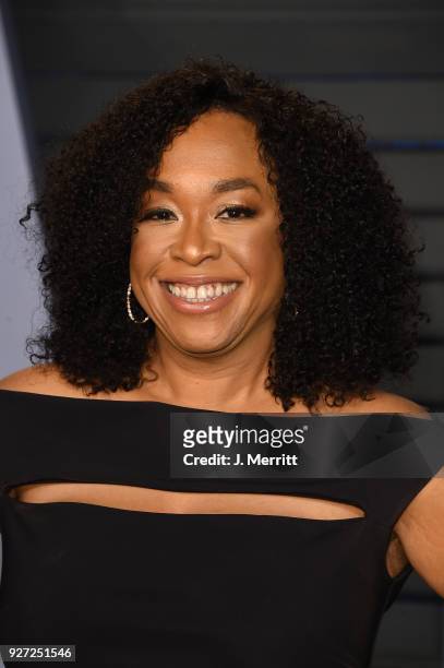 Producer Shonda Rhimes attends the 2018 Vanity Fair Oscar Party hosted by Radhika Jones at the Wallis Annenberg Center for the Performing Arts on...