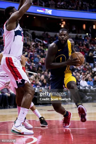 Lance Stephenson of the Indiana Pacers drives to the basket against the Washington Wizards during the first half at Capital One Arena on March 4,...