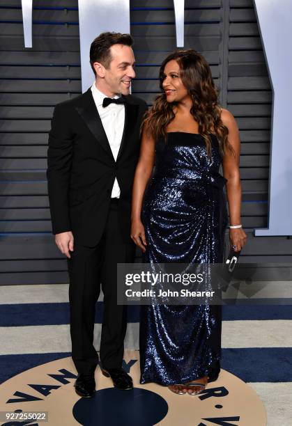 Actors B. J. Novak and Mindy Kaling attend the 2018 Vanity Fair Oscar Party hosted by Radhika Jones at Wallis Annenberg Center for the Performing...
