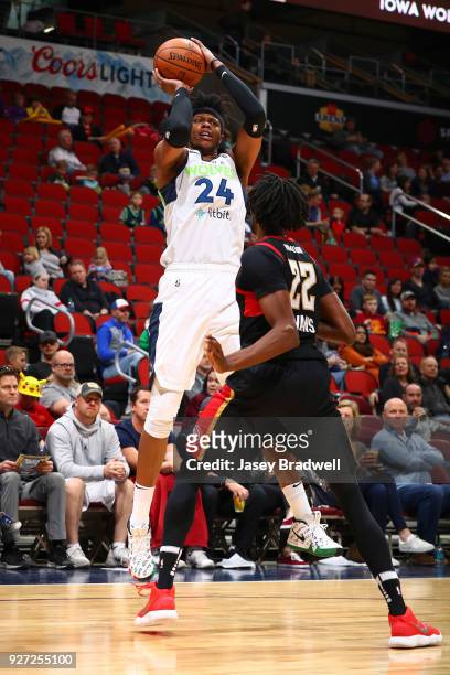 Justin Patton of the Iowa Wolves shoots the ball against the Erie BayHawks during the NBA G-League on March 4, 2018 at the Wells Fargo Arena in Des...