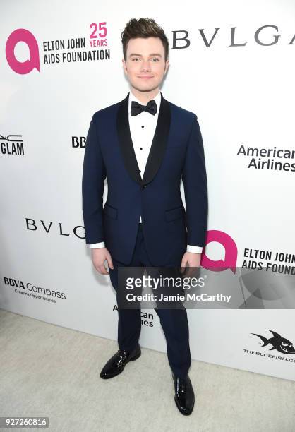 Chris Colfer attends the 26th annual Elton John AIDS Foundation Academy Awards Viewing Party sponsored by Bulgari, celebrating EJAF and the 90th...