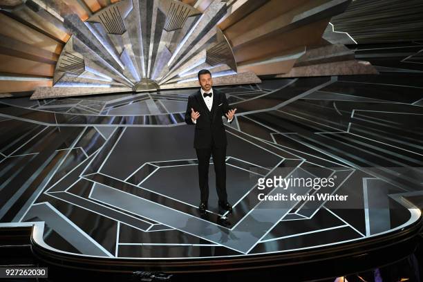 Host Jimmy Kimmel speaks onstage during the 90th Annual Academy Awards at the Dolby Theatre at Hollywood & Highland Center on March 4, 2018 in...