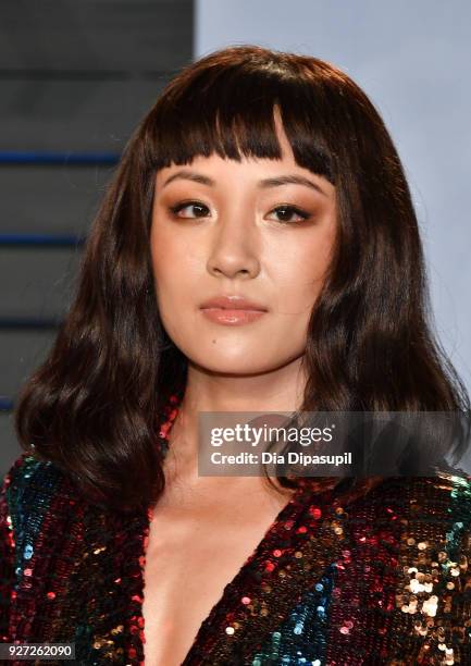 Constance Wu attends the 2018 Vanity Fair Oscar Party hosted by Radhika Jones at Wallis Annenberg Center for the Performing Arts on March 4, 2018 in...