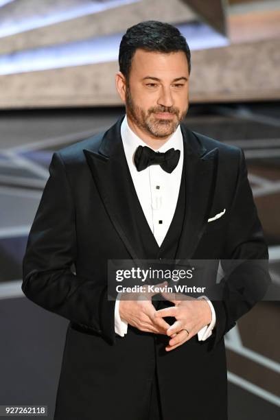 Host Jimmy Kimmel speaks onstage during the 90th Annual Academy Awards at the Dolby Theatre at Hollywood & Highland Center on March 4, 2018 in...