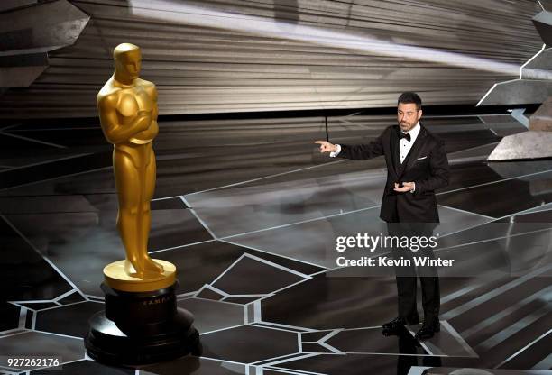 Host Jimmy Kimmel speaks onstage during the 90th Annual Academy Awards at the Dolby Theatre at Hollywood & Highland Center on March 4, 2018 in...