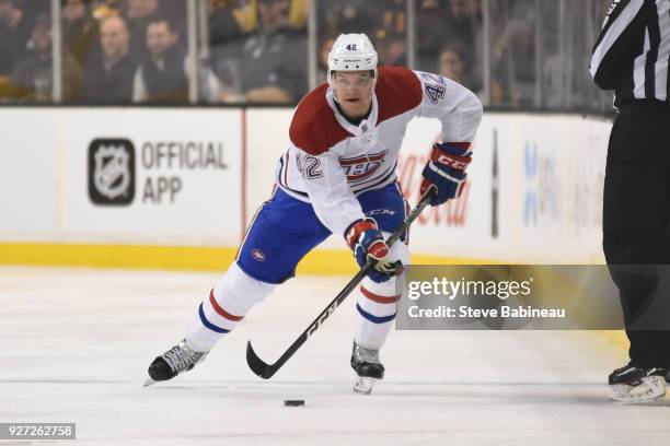 Byron Froese of the Montreal Canadiens skates against the Boston Bruins at the TD Garden on March 3, 2018 in Boston, Massachusetts.