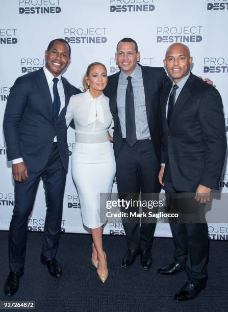 Project founder Cedric Bobo, Jennifer Lopez, Alex Rodriguez and Mariano Rivera attend "Project Destined" Yankees Shark Tank Presentations at Yankee...